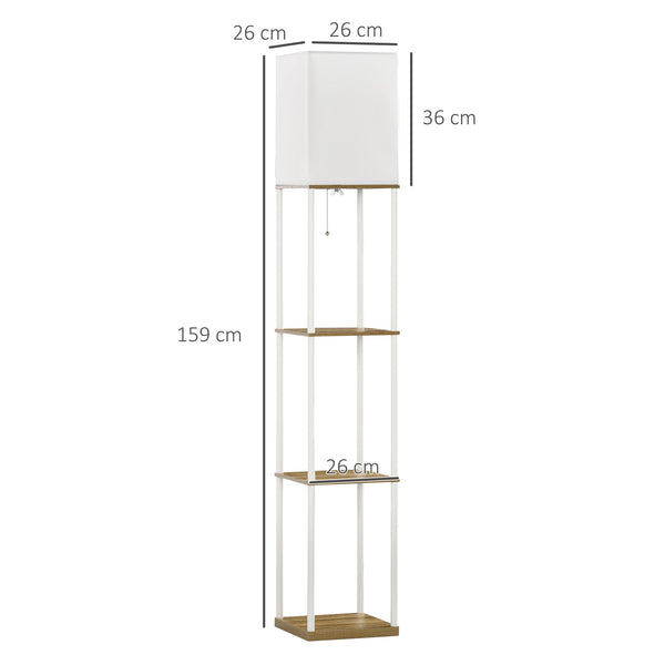 Candeeiro de Pé Moderno com Prateleiras Candeeiro de Pé para Sala de Estar Lâmpada E27 Máx. 40W com Ecrã de Tecido e Interruptor de Pé para Dormitório Escritório 26x26x159cm Branco e Madeira
