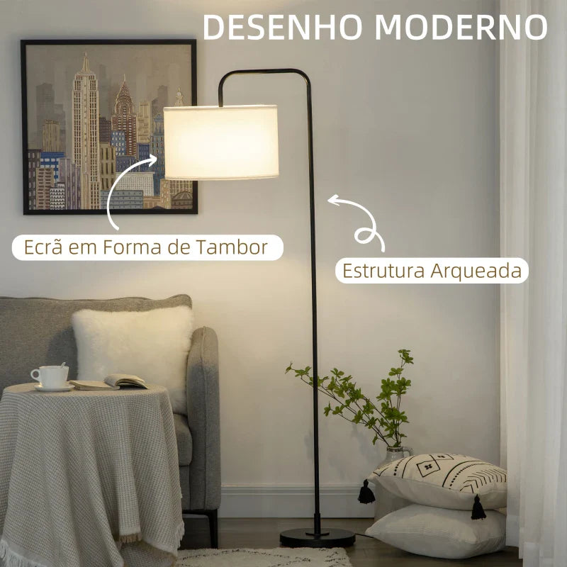 Candeeiro de Pé Moderno Lâmpada E27 Máx. 40W com Ecrã de Linho Estrutura de Aço e Interruptor de Pé Candeeiro de Leitura para Sala de Estar Dormitório 64x38x163,5cm Branco e Preto