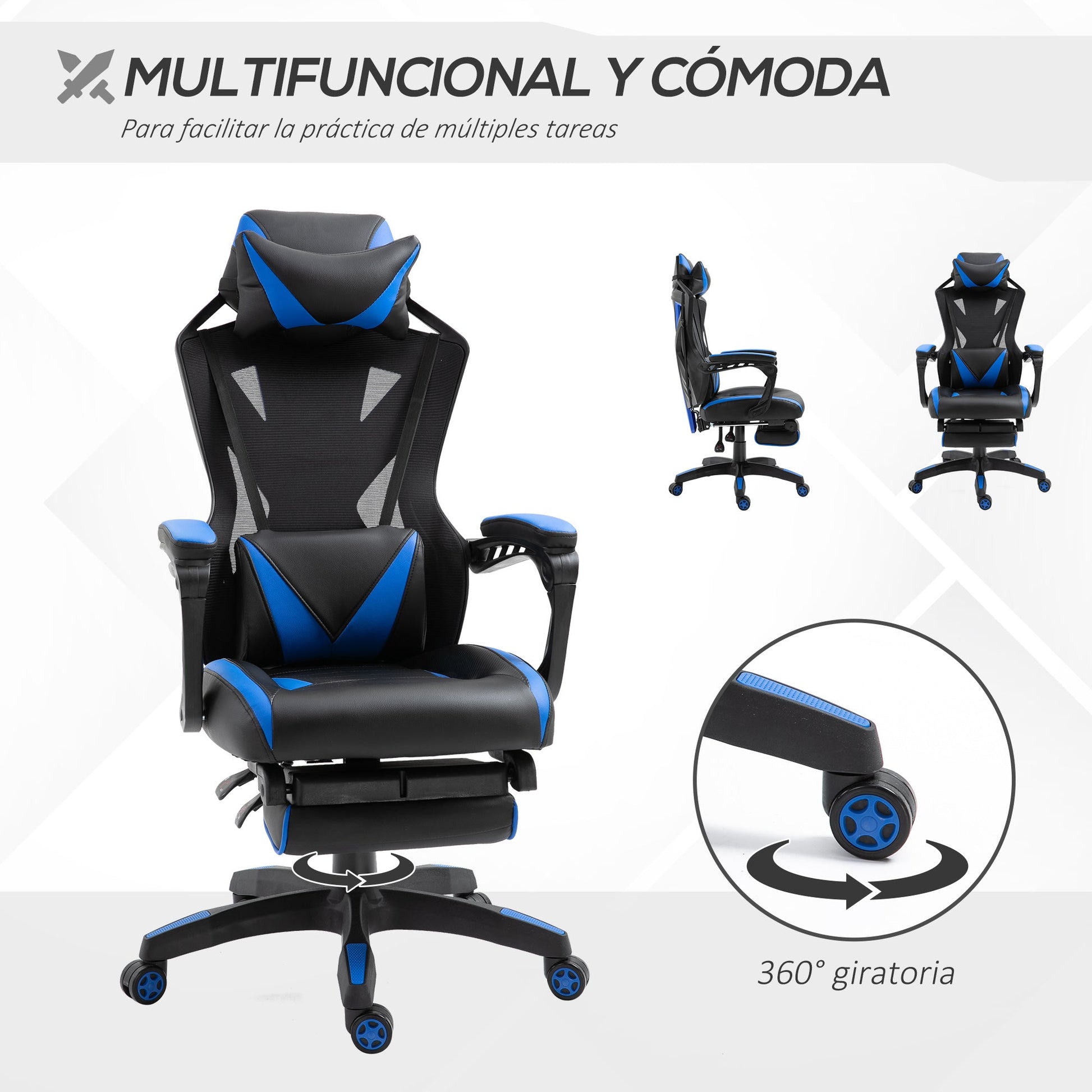 Cadeira Gaming Ergonómica Cadeira Gaming para Escritório com Altura Ajustável Encosto Regulável Almofada Lombar Apoio para os Pés Retráteis 65x70x117-125cm Azul