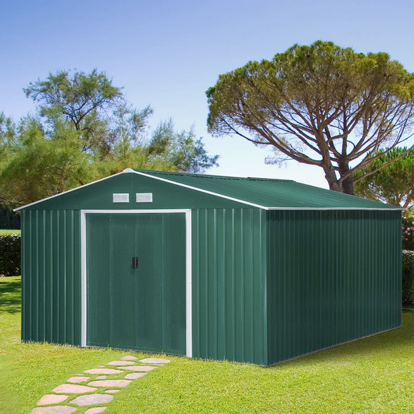 Abrigo de Jardim Metálico 340x386x200cm Abrigo de Exterior para Armazenamento de Ferramentas com Base de Reforço Incluida 4 Janelas de Ventilação e Porta Corredeira Verde