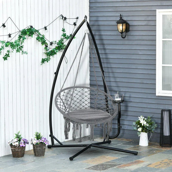 Suporte para cadeira suspensa Suporte giratório de 190 cm com mesa lateral carga máx.120kg Estrutura metálica para jardim de pátio preto