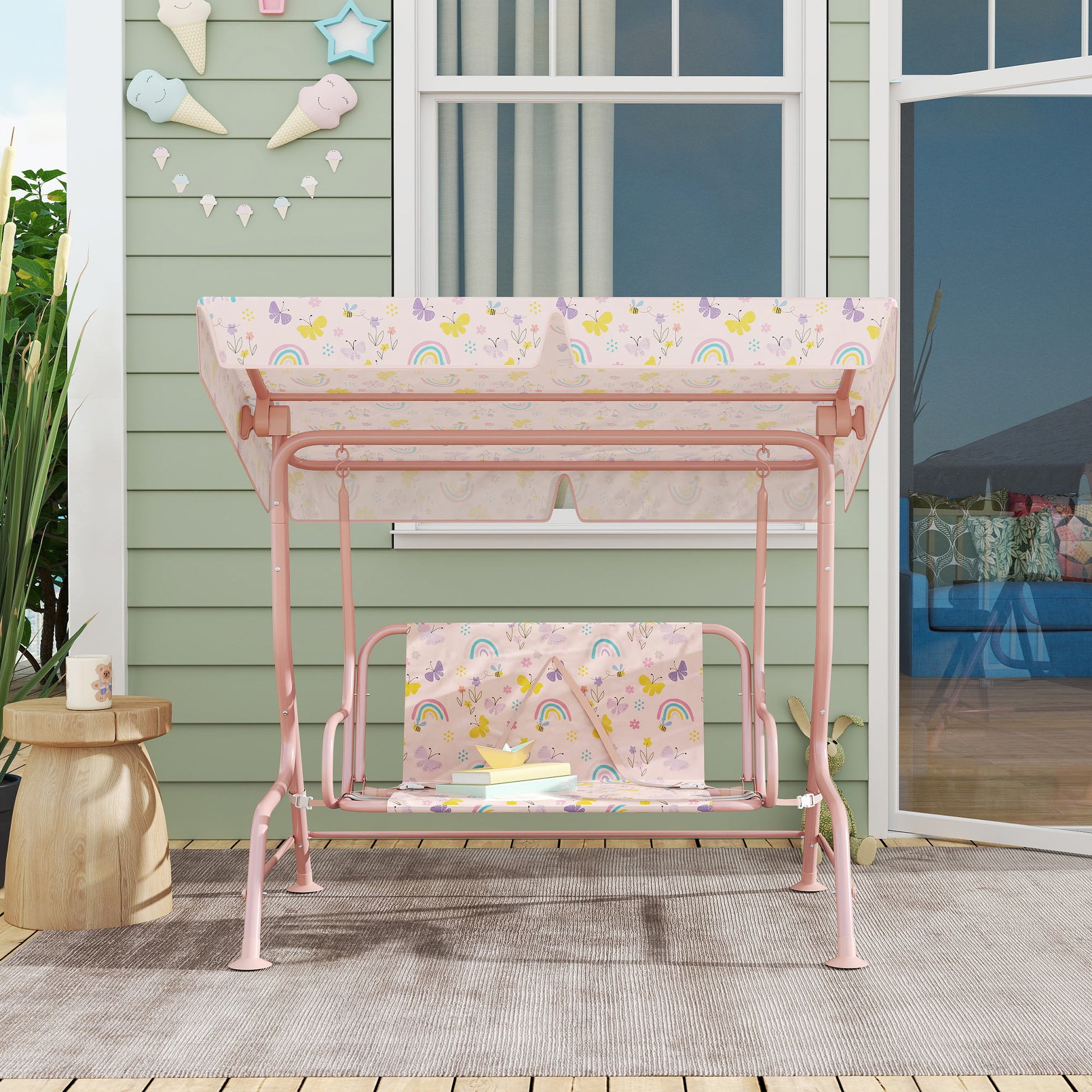 AIYAPLAY Baloiço de Jardim para Crianças acima de 3 Anos Baloiço Infantil de Exterior com 2 Lugares Toldo Ajustável Cinto de Segurança e Desenho de Borboletas 112x75x120 cm Rosa