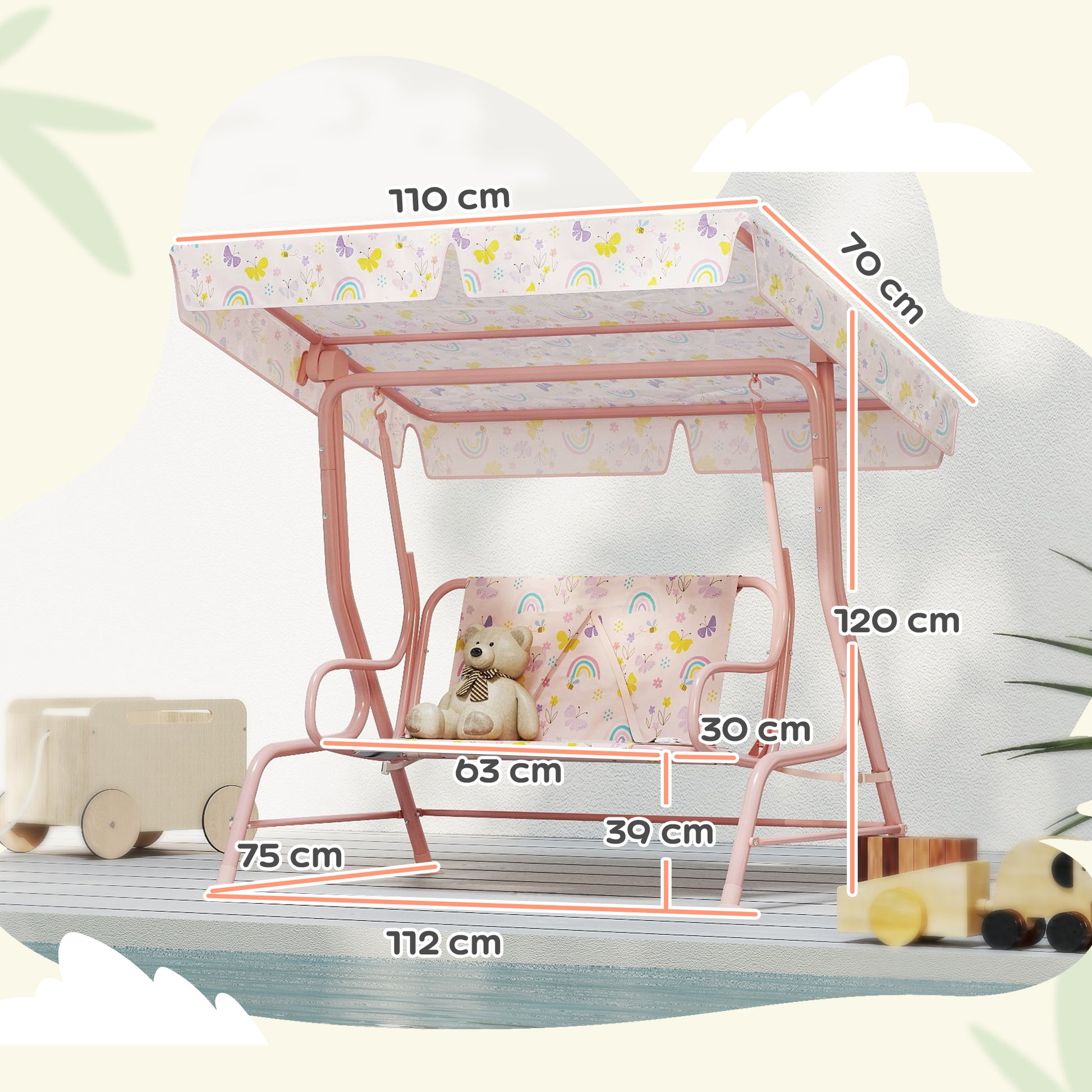 AIYAPLAY Baloiço de Jardim para Crianças acima de 3 Anos Baloiço Infantil de Exterior com 2 Lugares Toldo Ajustável Cinto de Segurança e Desenho de Borboletas 112x75x120 cm Rosa