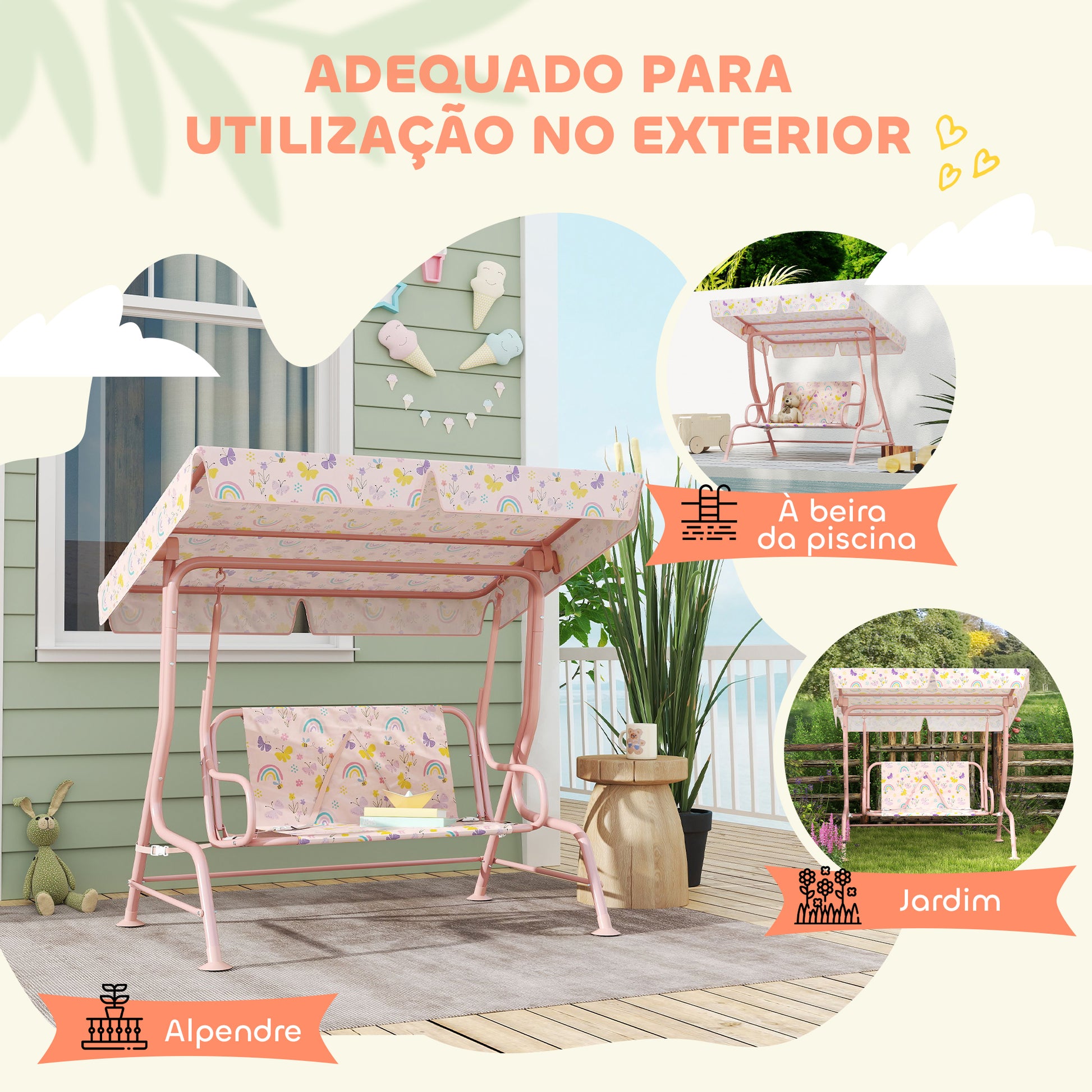AIYAPLAY Baloiço de Jardim para Crianças acima de 3 Anos Baloiço Infantil de Exterior com 2 Lugares Toldo Ajustável Cinto de Segurança e Desenho de Borboletas 112x75x120 cm Rosa