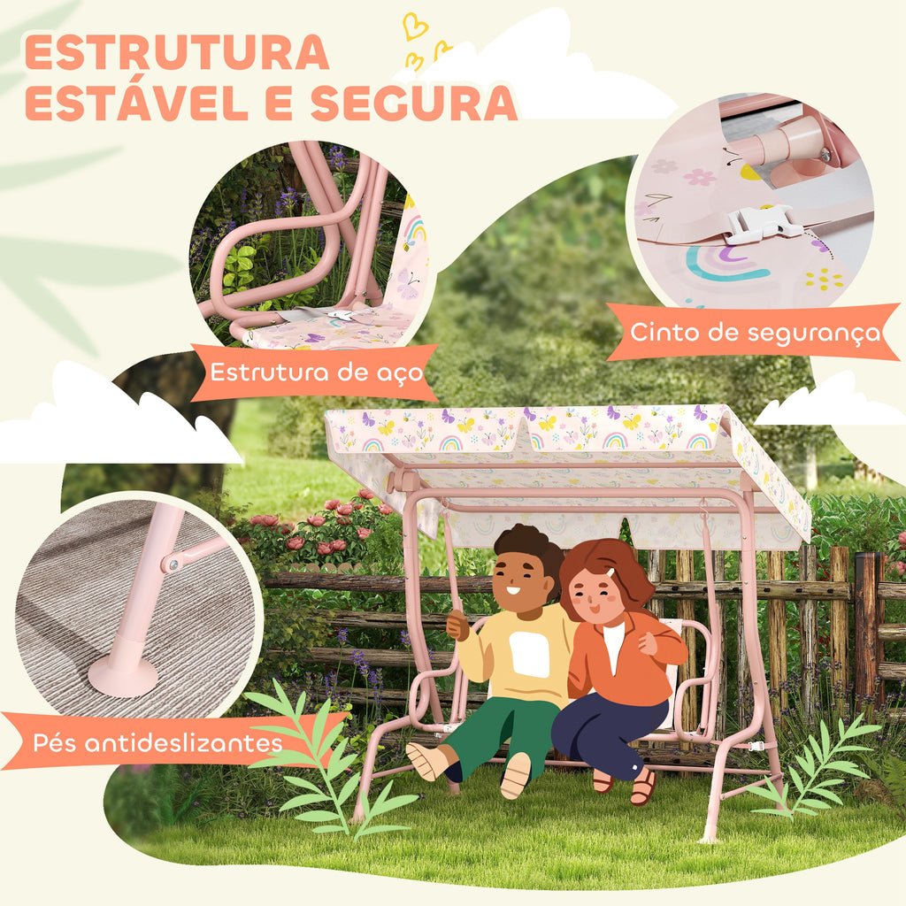 AIYAPLAY Baloiço de Jardim para Crianças acima de 3 Anos Baloiço Infantil de Exterior com 2 Lugares Toldo Ajustável Cinto de Segurança e Desenho de Borboletas 112x75x120 cm Rosa