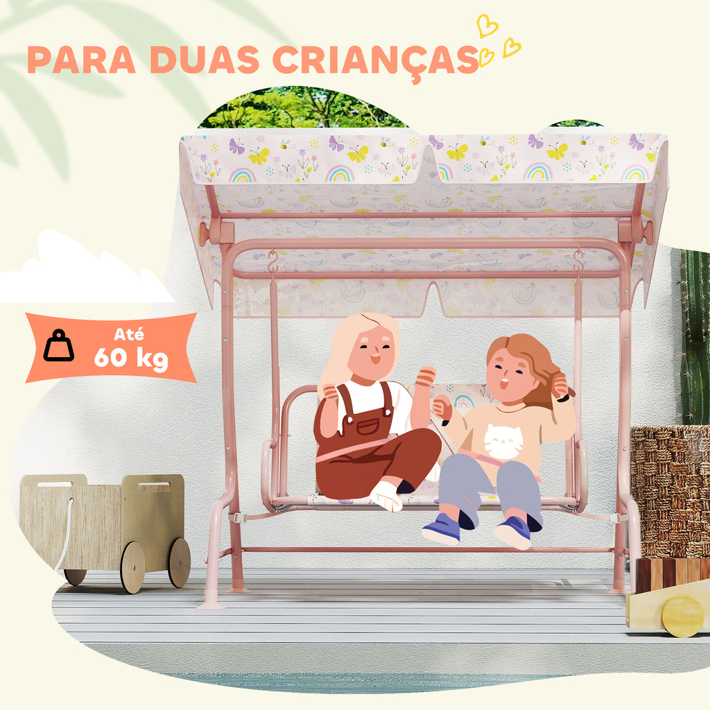 AIYAPLAY Baloiço de Jardim para Crianças acima de 3 Anos Baloiço Infantil de Exterior com 2 Lugares Toldo Ajustável Cinto de Segurança e Desenho de Borboletas 112x75x120 cm Rosa