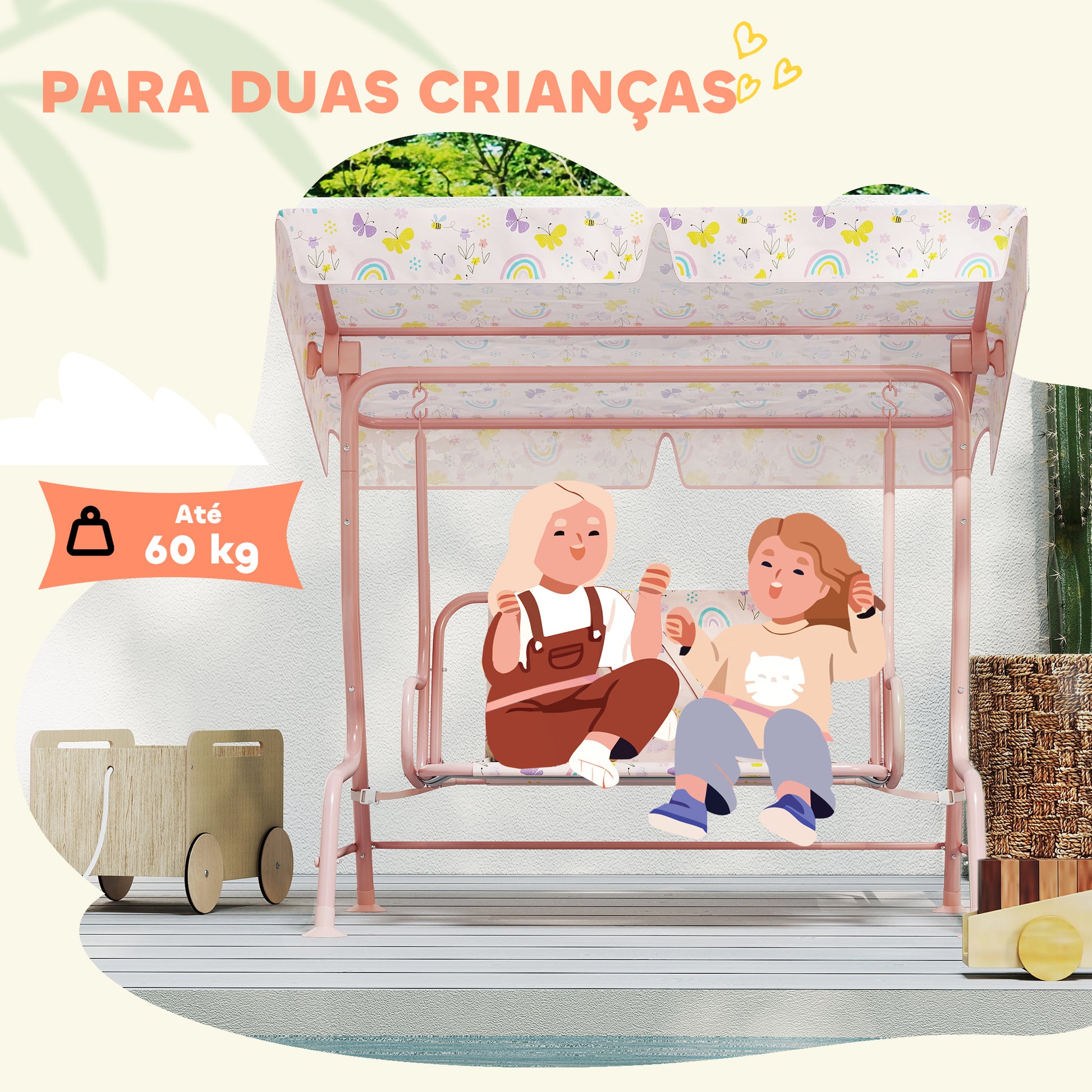 AIYAPLAY Baloiço de Jardim para Crianças acima de 3 Anos Baloiço Infantil de Exterior com 2 Lugares Toldo Ajustável Cinto de Segurança e Desenho de Borboletas 112x75x120 cm Rosa