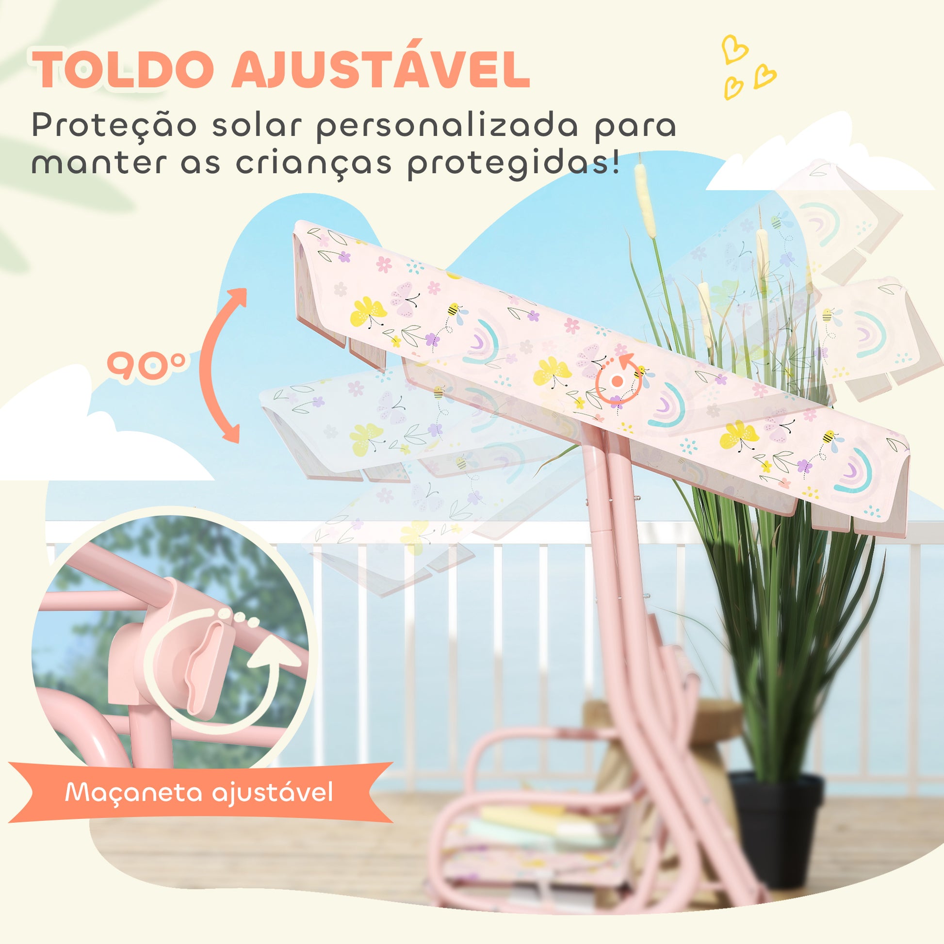 AIYAPLAY Baloiço de Jardim para Crianças acima de 3 Anos Baloiço Infantil de Exterior com 2 Lugares Toldo Ajustável Cinto de Segurança e Desenho de Borboletas 112x75x120 cm Rosa