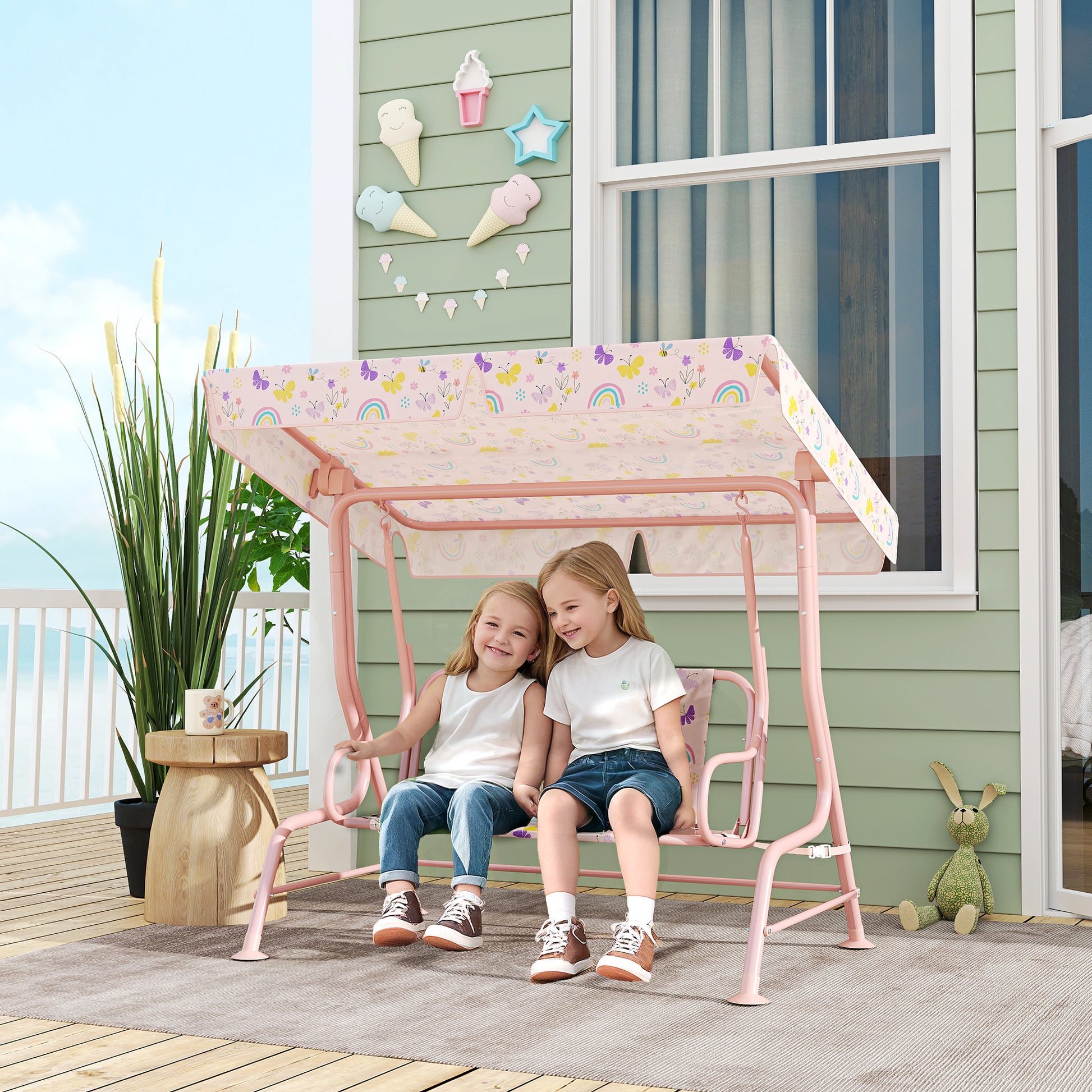 AIYAPLAY Baloiço de Jardim para Crianças acima de 3 Anos Baloiço Infantil de Exterior com 2 Lugares Toldo Ajustável Cinto de Segurança e Desenho de Borboletas 112x75x120 cm Rosa