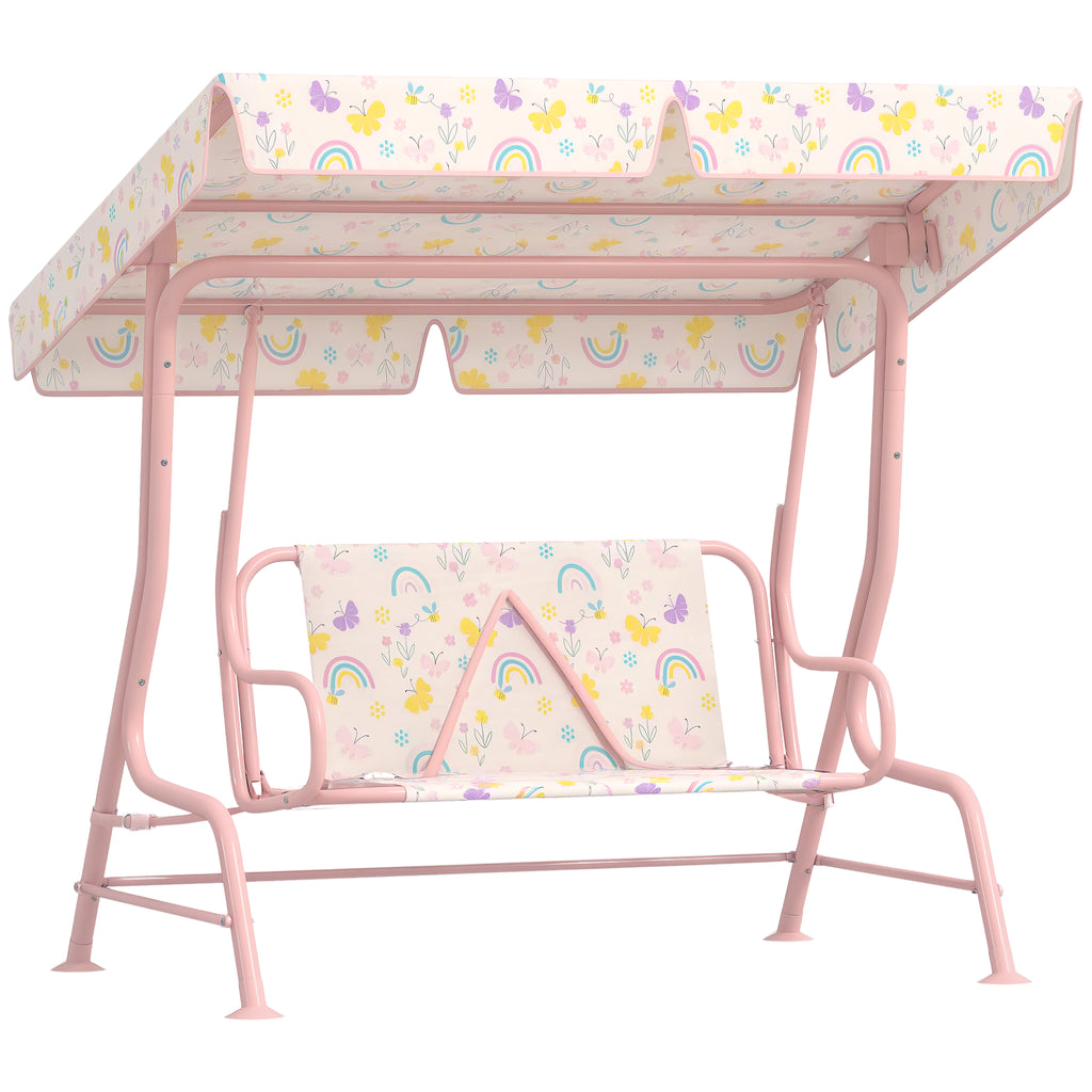 AIYAPLAY Baloiço de Jardim para Crianças acima de 3 Anos Baloiço Infantil de Exterior com 2 Lugares Toldo Ajustável Cinto de Segurança e Desenho de Borboletas 112x75x120 cm Rosa