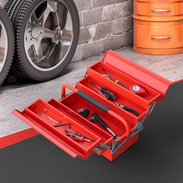 Caixa de ferramentas dobrável de aço com 5 compartimentos Maleta de ferramentas com alça 45x22,5x34,5 cm Vermelho