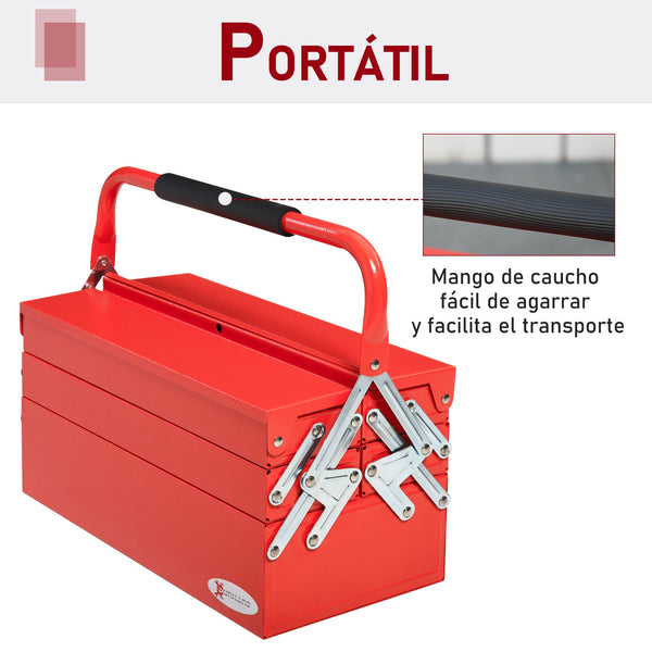 Caixa de ferramentas dobrável de aço com 5 compartimentos Maleta de ferramentas com alça 45x22,5x34,5 cm Vermelho
