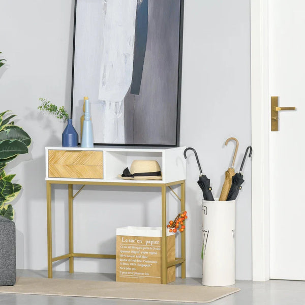 Mesa de console com gaveta e prateleira aberta Estilo moderno Móveis de Corredor para corredor Sala de estar 80x30x80,5 cm Ouro branco