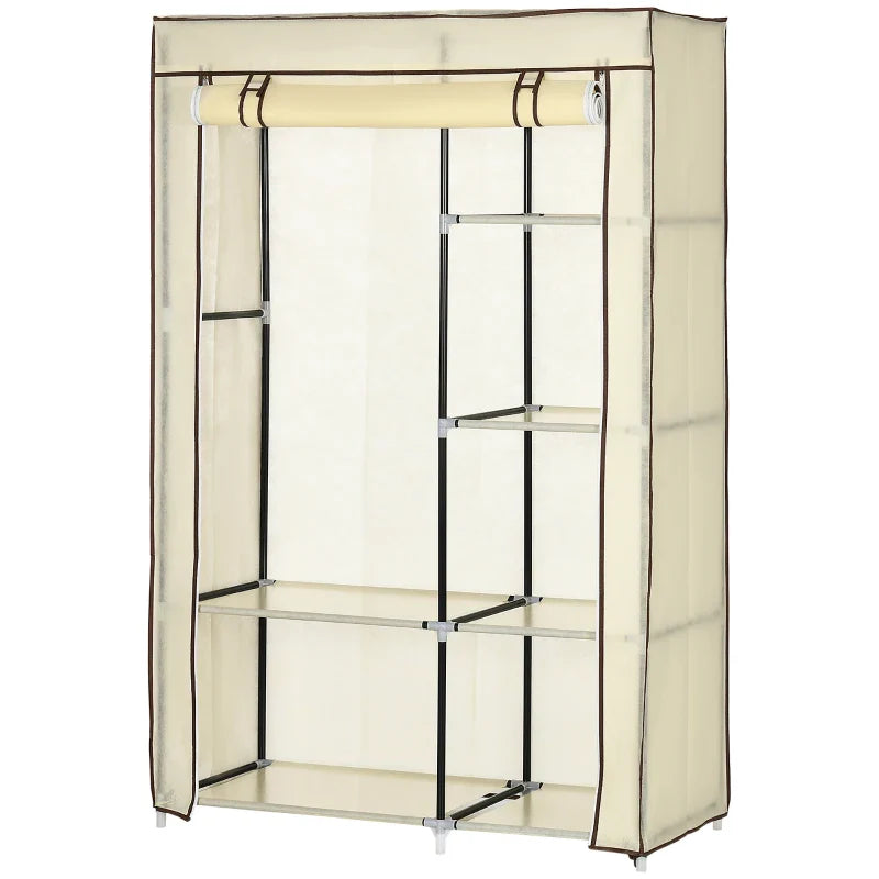 Roupeiro de Tecido Dobrável Armário de Roupa Portátil com 6 Prateleiras e 1 Barra de Pendurar para Dormitório Vestidor 103x43x162,5cm Creme