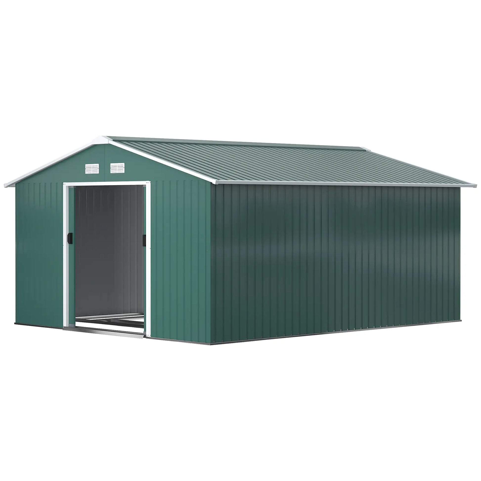 Abrigo de Jardim Metálico 340x386x200cm Abrigo de Exterior para Armazenamento de Ferramentas com Base de Reforço Incluida 4 Janelas de Ventilação e Porta Corredeira Verde