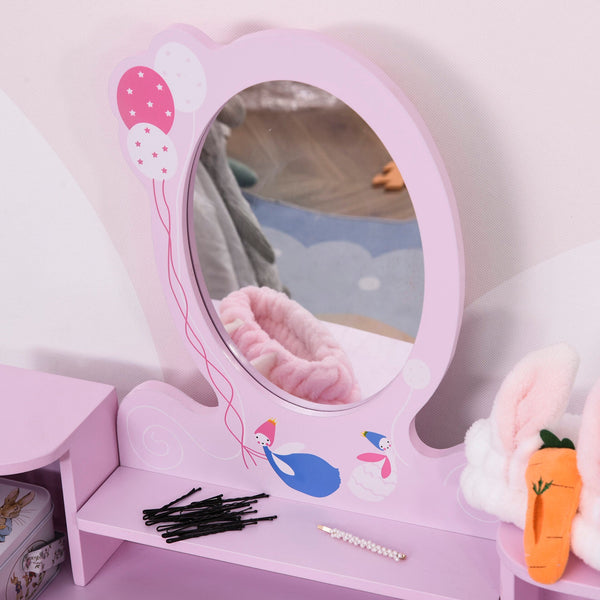Toucador para Crianças com Banco e Espelho Toucador Infantil Estilo Princesa de Madeira 59x39x92cm Rosa