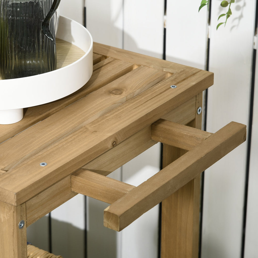 Carrinho de Madeira Exterior com 2 Níveis Alça Lateral 3 Suportes para Garrafas e 2 Rodas para Jardim Pátio Varanda 95x47x74 cm Madeira