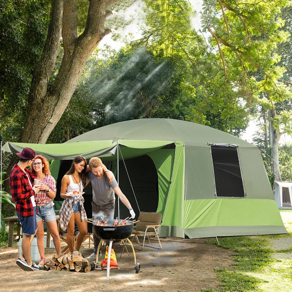 Tenda de Campismo Familiar para 4 Pessoas Tenda de Campismo Portátil Impermeável com Bolsa de Transporte Rede Mosquiteira e Proteção Solar 410x-310x225cm Verde