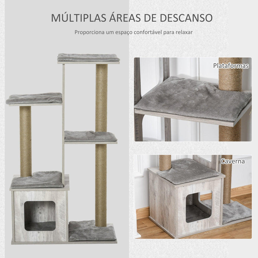 PawHut Árvore Arranhador para Gatos Arranhador de Gatos com Caverna Múltiplas Plataformas e Postes de Arranhar de Juta Brincadeira e Descanso 67x38,5x114cm Cinza