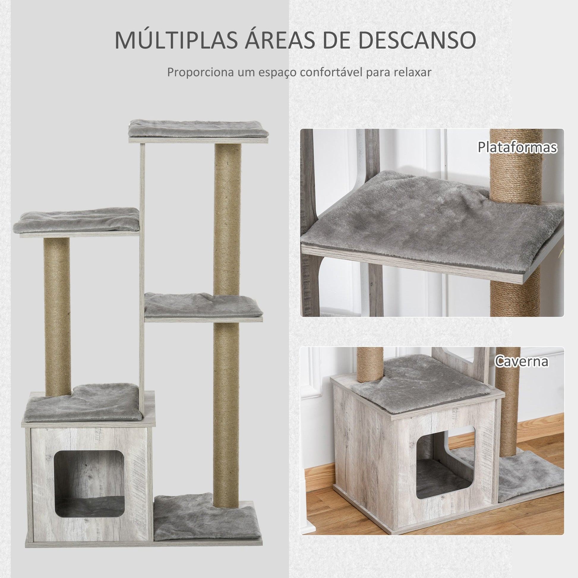 PawHut Árvore Arranhador para Gatos Arranhador de Gatos com Caverna Múltiplas Plataformas e Postes de Arranhar de Juta Brincadeira e Descanso 67x38,5x114cm Cinza