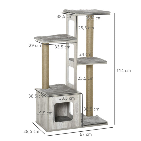 PawHut Árvore Arranhador para Gatos Arranhador de Gatos com Caverna Múltiplas Plataformas e Postes de Arranhar de Juta Brincadeira e Descanso 67x38,5x114cm Cinza