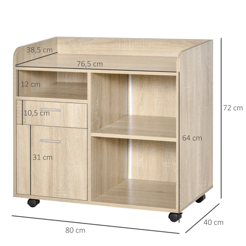 Armário para Impressora Armário Multifuncional de Escritório com 3 Compartimentos 2 Gavetas para Arquivos Prateleira Ajustável 2 Rodas com Freios 80x40x72cm Carvalho