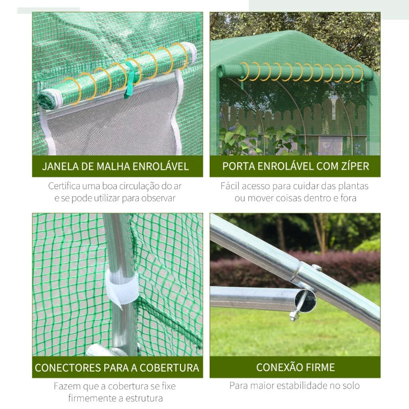 Estufa Tipo Túnel 595x300x200cm Estufa de Jardim Grande com 12 Janelas e Porta Enrolável com Zíper para Cultivo de Plantas Verde