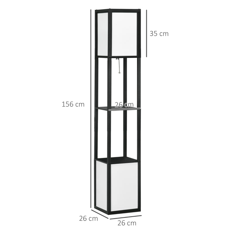 Candeeiro de Pé de Madeira com Prateleira de Armazenamento Suporte para Lâmpada E27 Candeeiro Moderno para Sala de Estar Dormitório 26x26x156 cm Preto e Branco