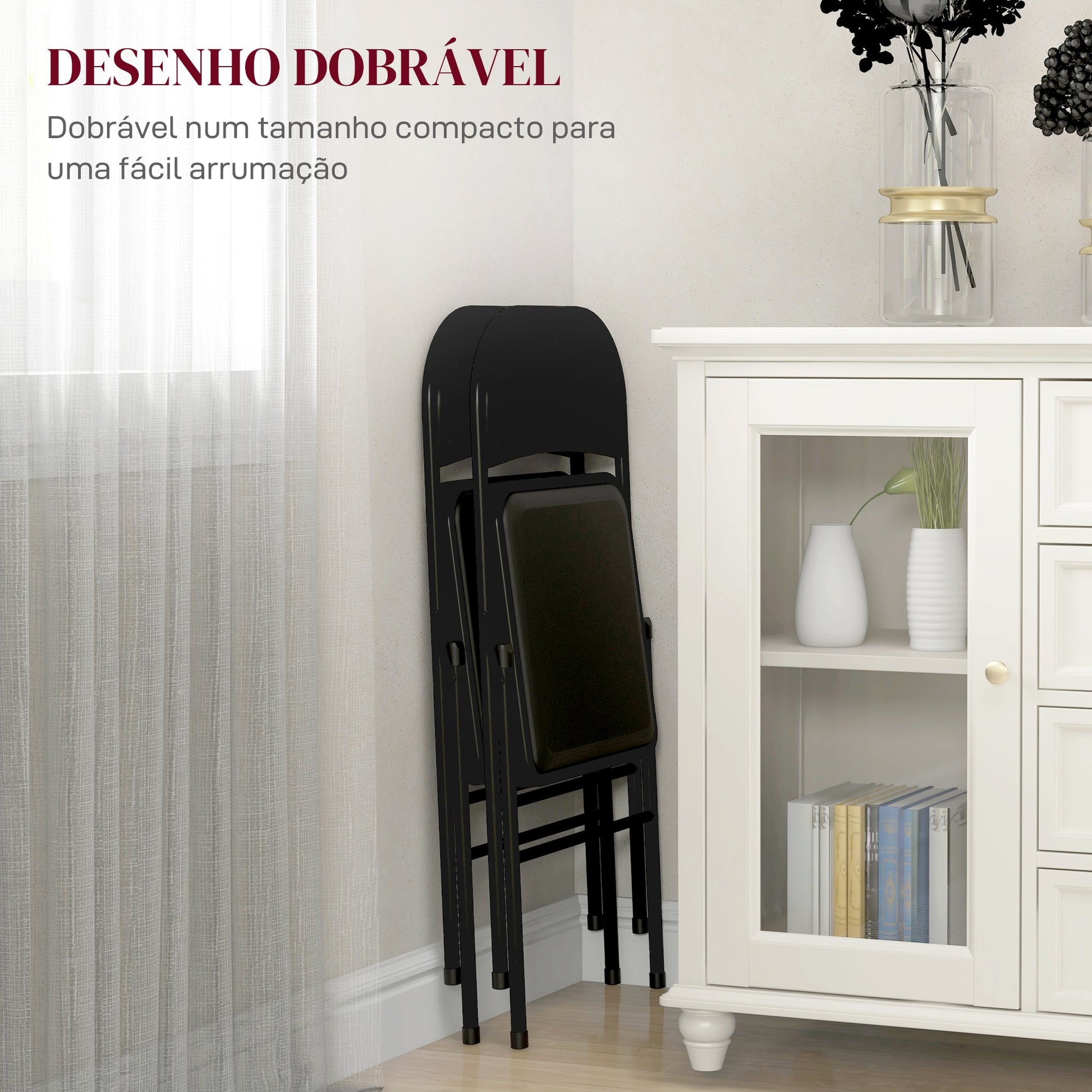Conjunto de 2 Cadeiras Dobráveis Cadeiras Dobráveis com Encosto e Estrutura de Aço para Sala de Estar Escritório Estúdio 45x46x78 cm Preto