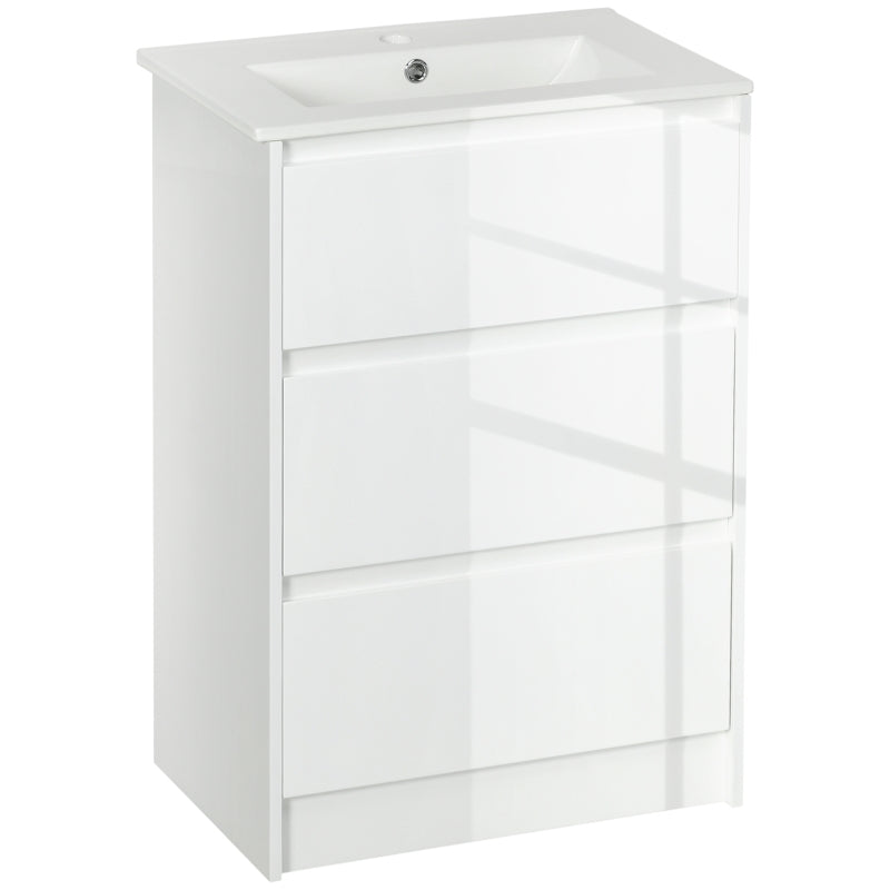 Móvel de Casa de Banho com Lavatório Armário Casa de Banho de Cerâmica Sintética com 2 Gavetas 61x37x88 cm Branco Brilhante