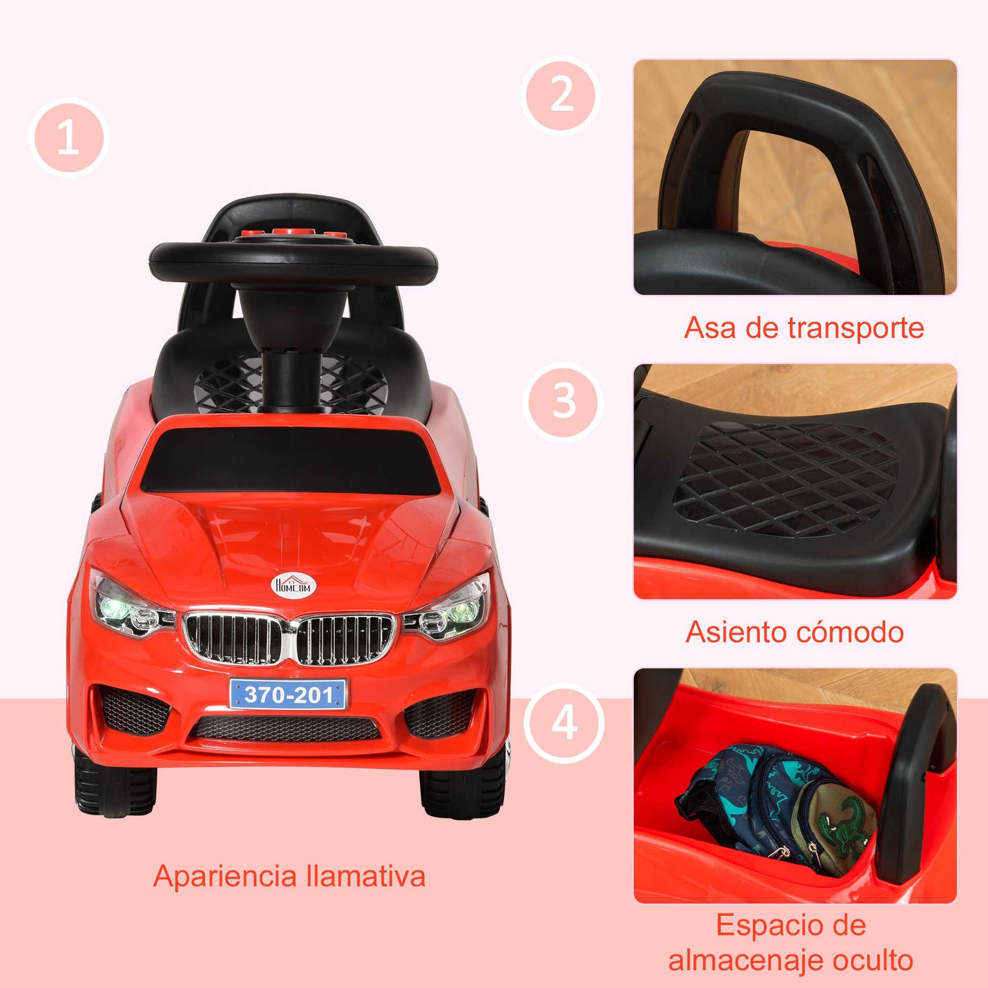 Carro Andador para Crianças de 18-36 Meses com Faróis Música Buzina Volante Compartimento de Armazenamento e Alça para Empurrar 63,5x28x36 Vermelho
