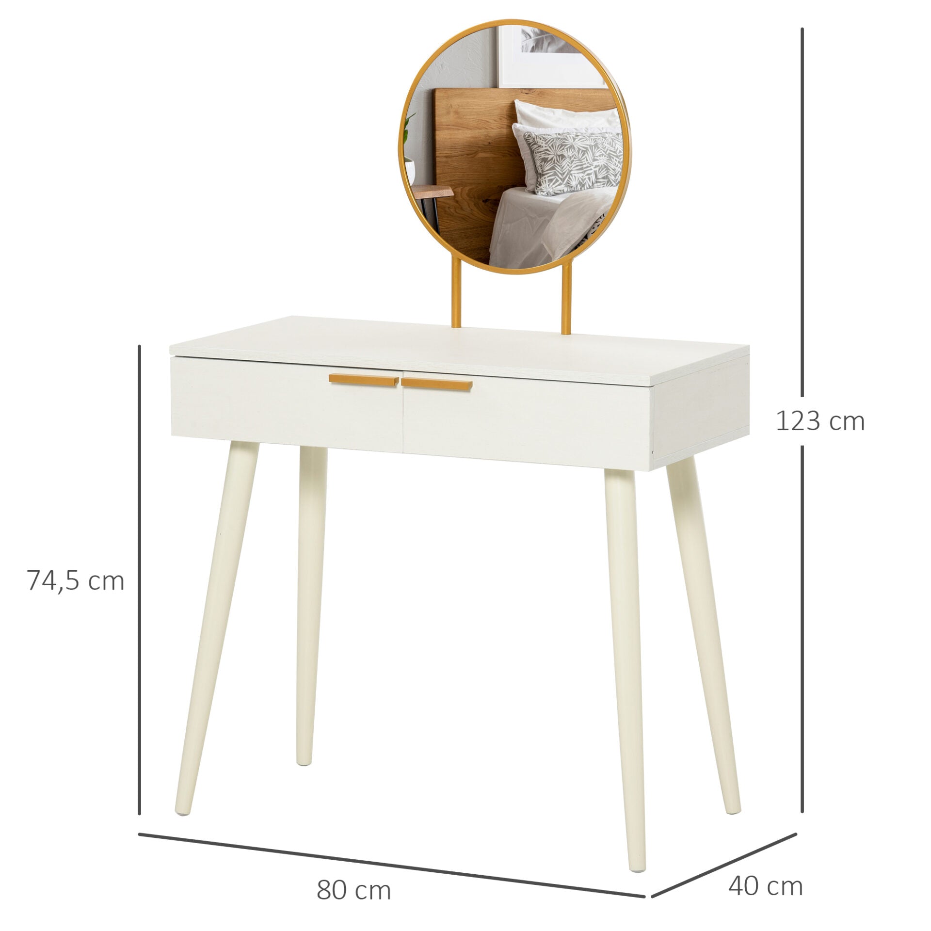 Toucador com Espelho Redondo Mesa de Maquilhagem com 2 Gavetas Estilo Moderno para Dormitório 80x40x123cm Branco
