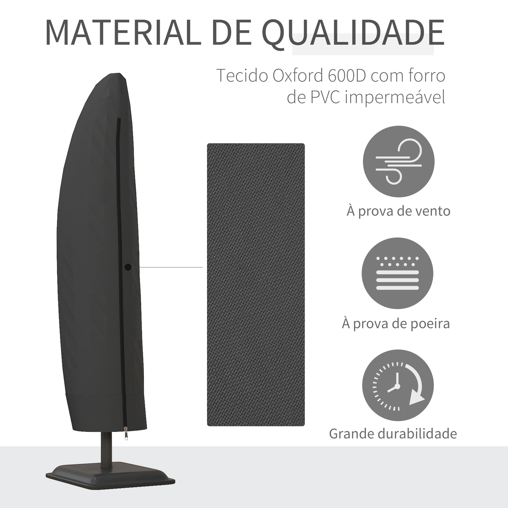 Capa Protetora de Chapéu de Sol Ø56x220 cm Capa para Chapéu de Sol Resistente para Jardim com Fecho de Correr Tecido Oxford Preto
