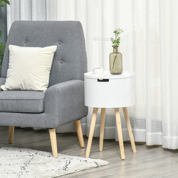 Mesa Auxiliar para Sala de Estar Moderna Mesa de Cabeceira com Tampa Removível Espaço de Armazenamento e Pés de Madeira para Dormitórios Ø38x63cm Branco