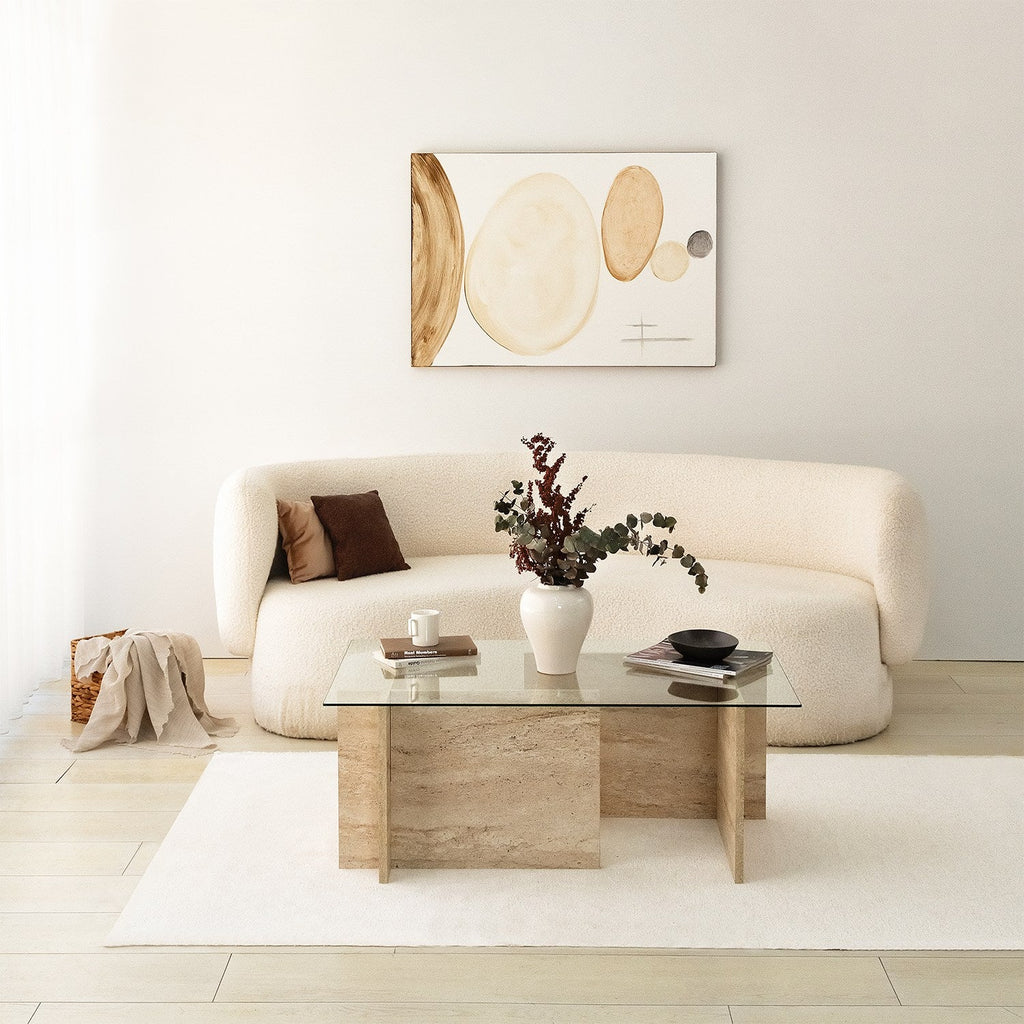 Mesa de Centro em Vidro e Travertino – New Escape – 105x65x40 cm