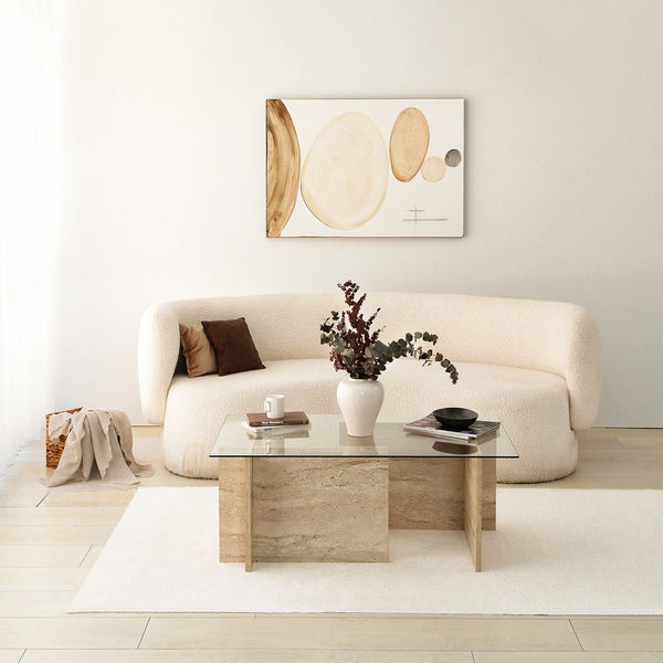 Mesa de Centro em Vidro e Travertino – New Escape – 105x65x40 cm