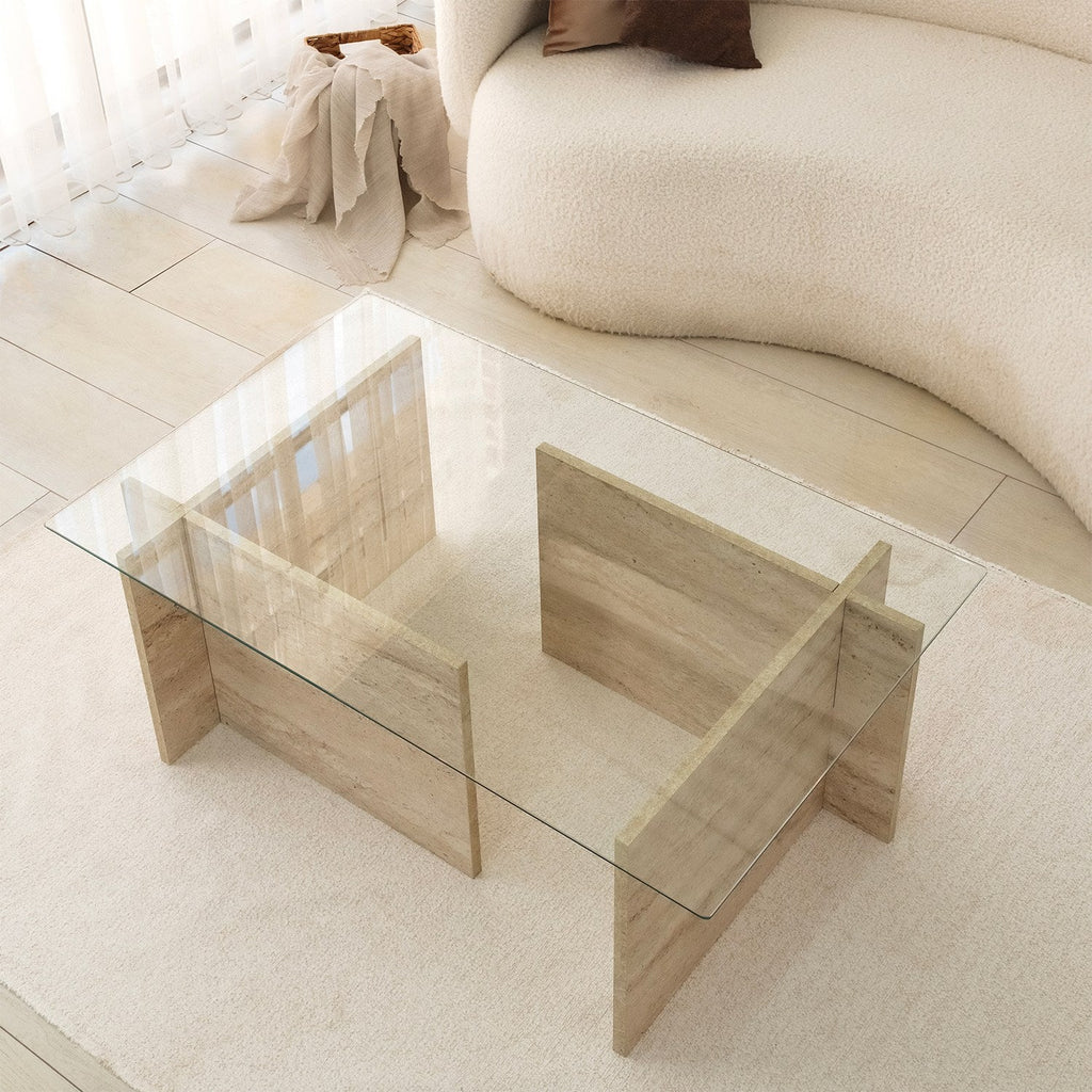 Mesa de Centro em Vidro e Travertino – New Escape – 105x65x40 cm