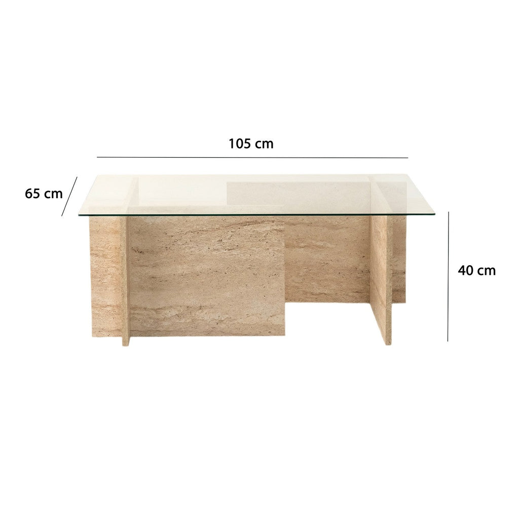 Mesa de Centro em Vidro e Travertino – New Escape – 105x65x40 cm