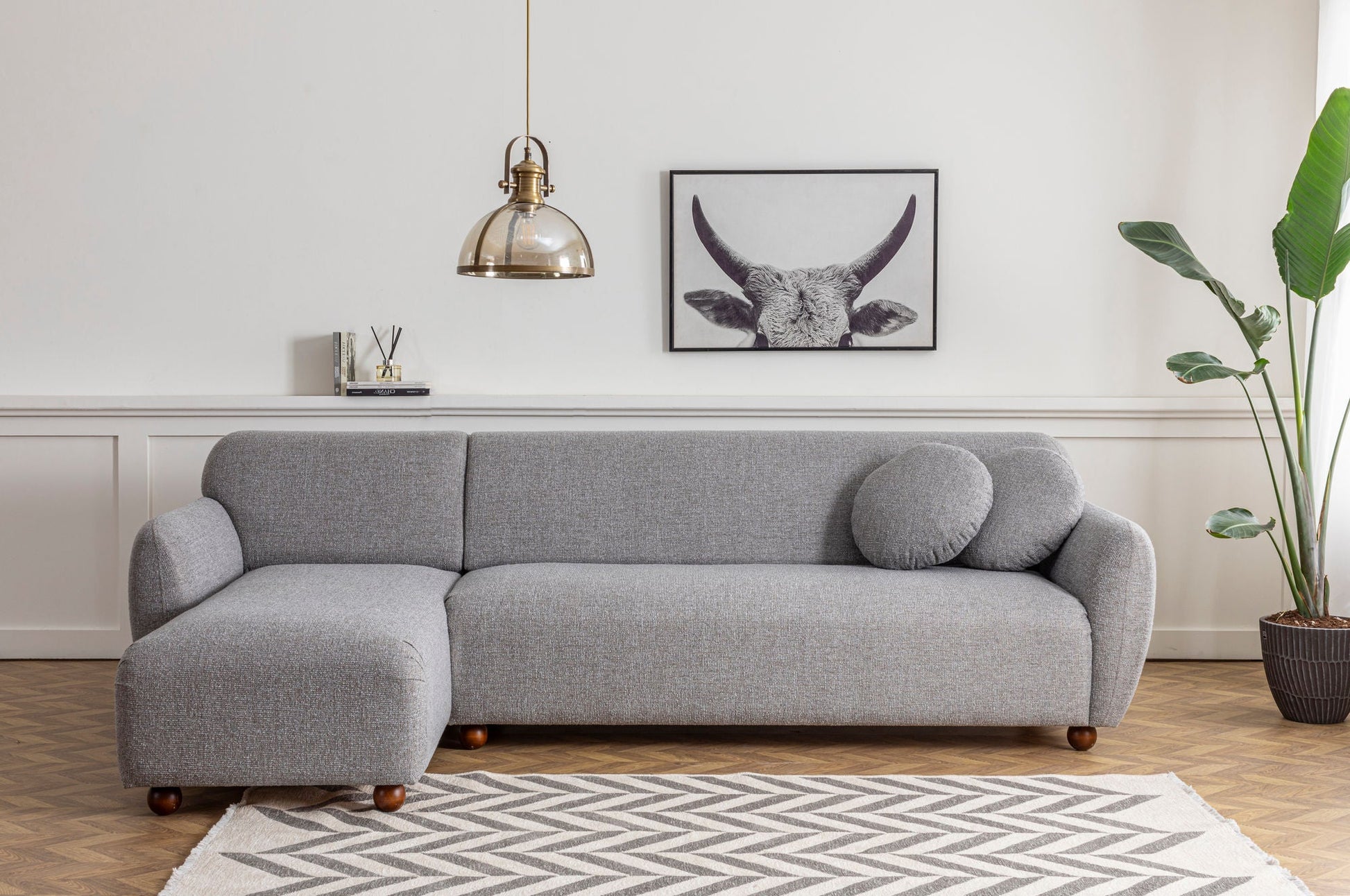Sofá Chaise Longue "Stockholm" - Cinzento Claro com Pernas em Faia - 273x162x86 cm - Design Escandinavo