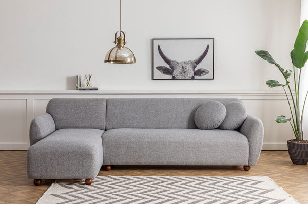 Sofá Chaise Longue "Stockholm" - Cinzento Claro com Pernas em Faia - 273x162x86 cm - Design Escandinavo