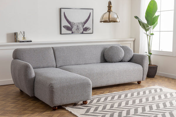 Sofá Chaise Longue "Stockholm" - Cinzento Claro com Pernas em Faia - 273x162x86 cm - Design Escandinavo
