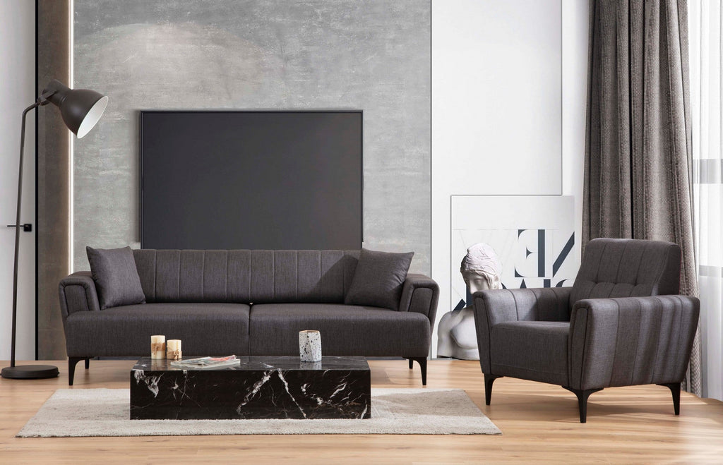 Poltrona “Sora” — 90x95x77 cm — Cinzento Escuro com Pernas Pretas, Espuma Premium e Estrutura em Faia
