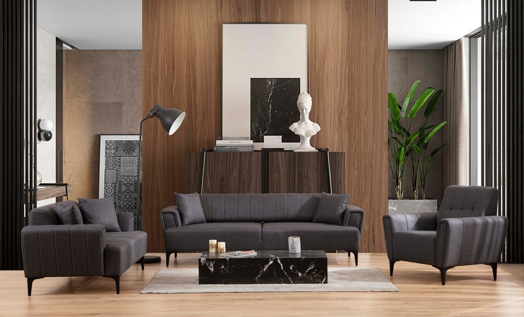 Poltrona “Sora” — 90x95x77 cm — Cinzento Escuro com Pernas Pretas, Espuma Premium e Estrutura em Faia