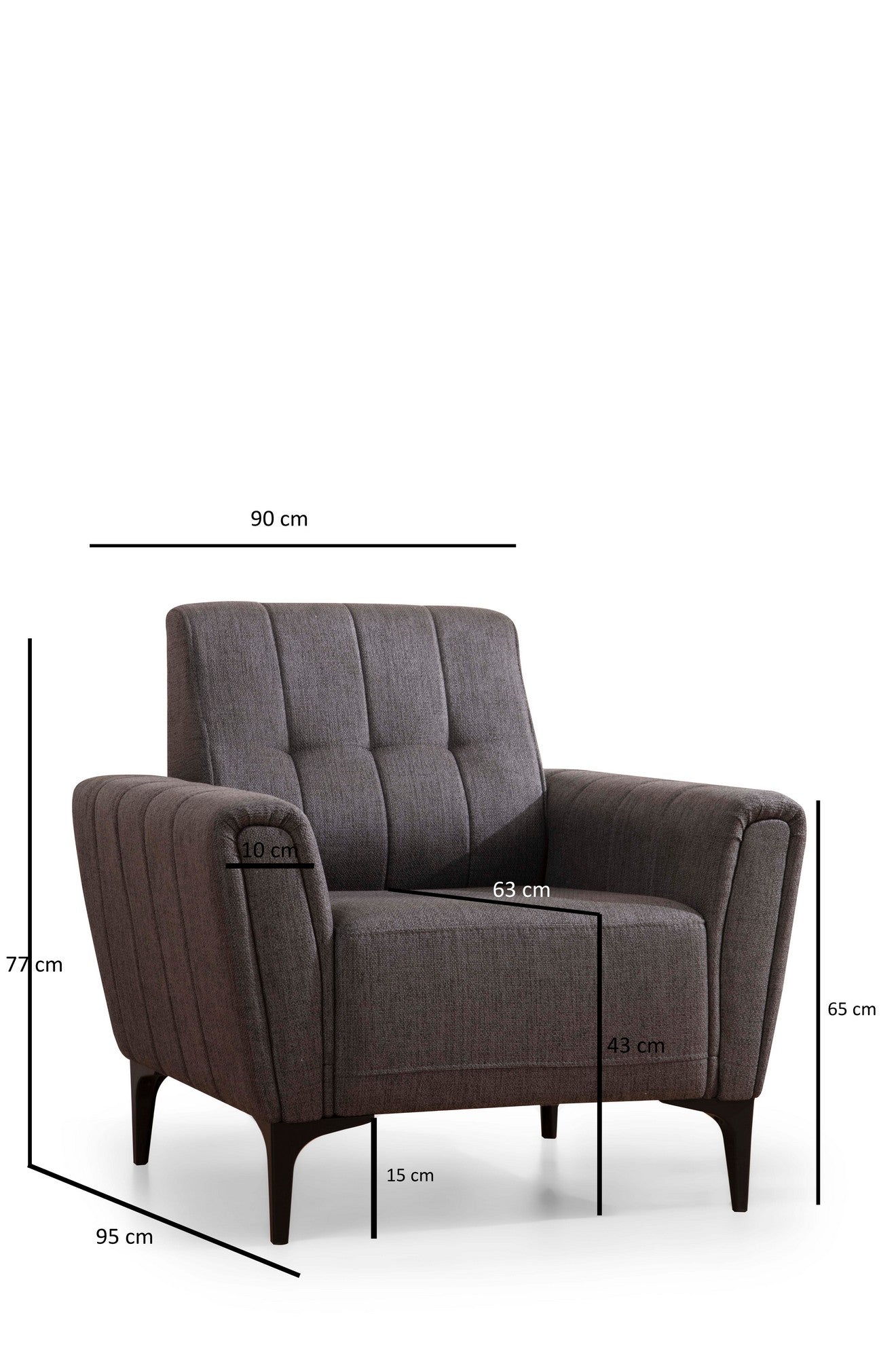 Poltrona “Sora” — 90x95x77 cm — Cinzento Escuro com Pernas Pretas, Espuma Premium e Estrutura em Faia