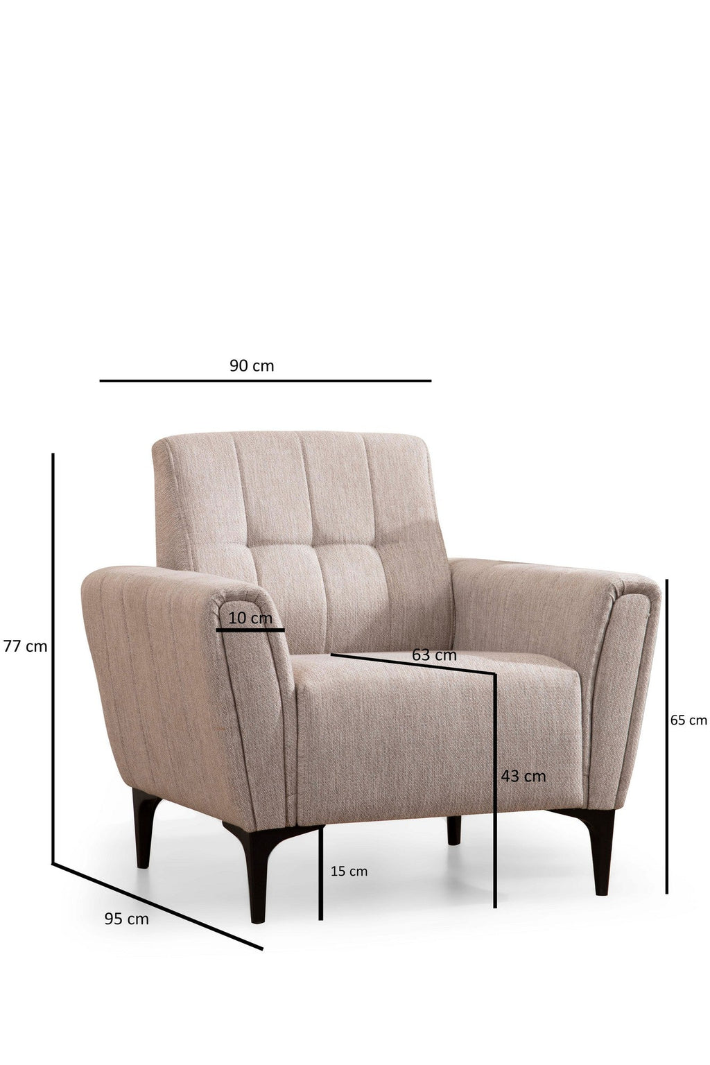 Poltrona “Sora” — 90x95x77 cm — Bege com Pernas Pretas, Espuma de Alta Densidade e Estrutura em Madeira de Faia