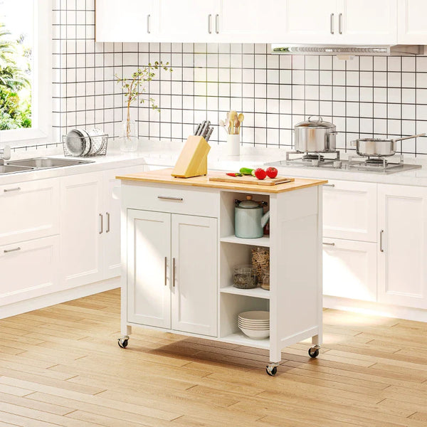 Carrinho de Cozinha com Rodas Móvel Auxiliar de Cozinha com 1 Gaveta 2 Portas 3 Prateleiras Abertas e Barra Lateral para Sala de Jantar 107,5x48x89cm Branco