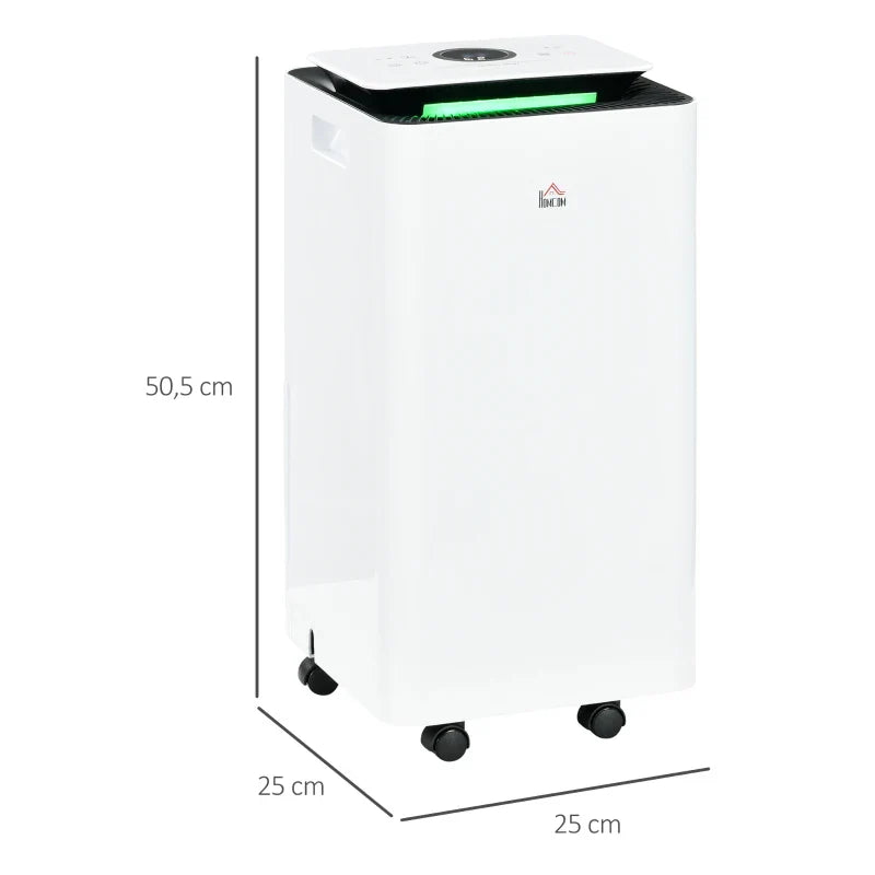 Desumidificador Elétrico 12L/dia Depósito de Água 2,5L Desumidificador de Ar Silencioso com 5 Modos 2 Velocidades Ecrã LED e Temporizador para Dormitórios Sala de Estar 25x25x50,5 cm Branco