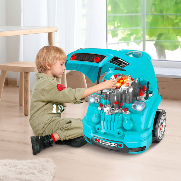 Motor de Caminhão para Crianças acima de 3 Anos Conjunto de Motor de Brinquedo com 61 Peças Volante Buzina Faróis Caixa de Armazenamento e Rodas 40x39x47cm Turquesa