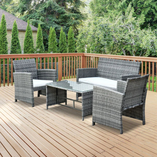 Conjunto Móveis de Jardim de Vime Conjunto de 4 Peças Incluindo 1 Sofá de 2 Lugares 2 Poltronas e 1 Mesa de Centro com Bancada de Vidro para Varanda Cinza