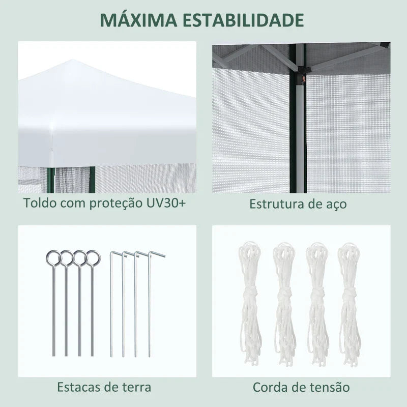 Tenda Dobrável 2,7x2,7cm Tenda de Jardim com Proteção UV30 Altura Ajustável em 3 Níveis 2 Janelas e Bolsa de Transporte para Pátio Varanda Branco e Verde